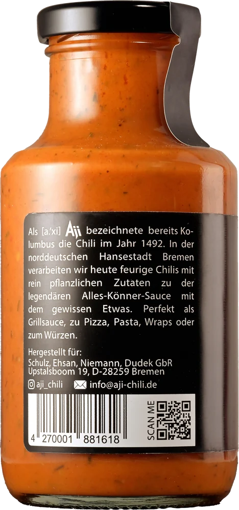 Chilisauce - Scharf, Rückseite mit Zutaten und Nährwerten